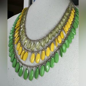 Unique yellow and green elongated drippy bead necklace